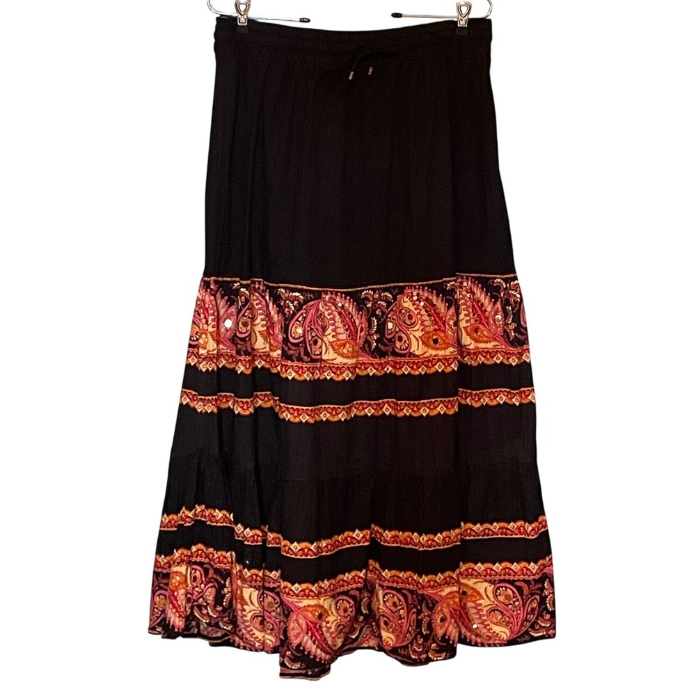 Angie Womens Black Cotton Paisley Tiered Maxi Skirt Boho Peasant L Festival